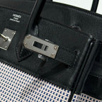 QUADRILLE BIRKIN 25CM IN BLACK SWIFT CALFSKIN WHITE BLUE PINK PLAID TOILE CANVAS