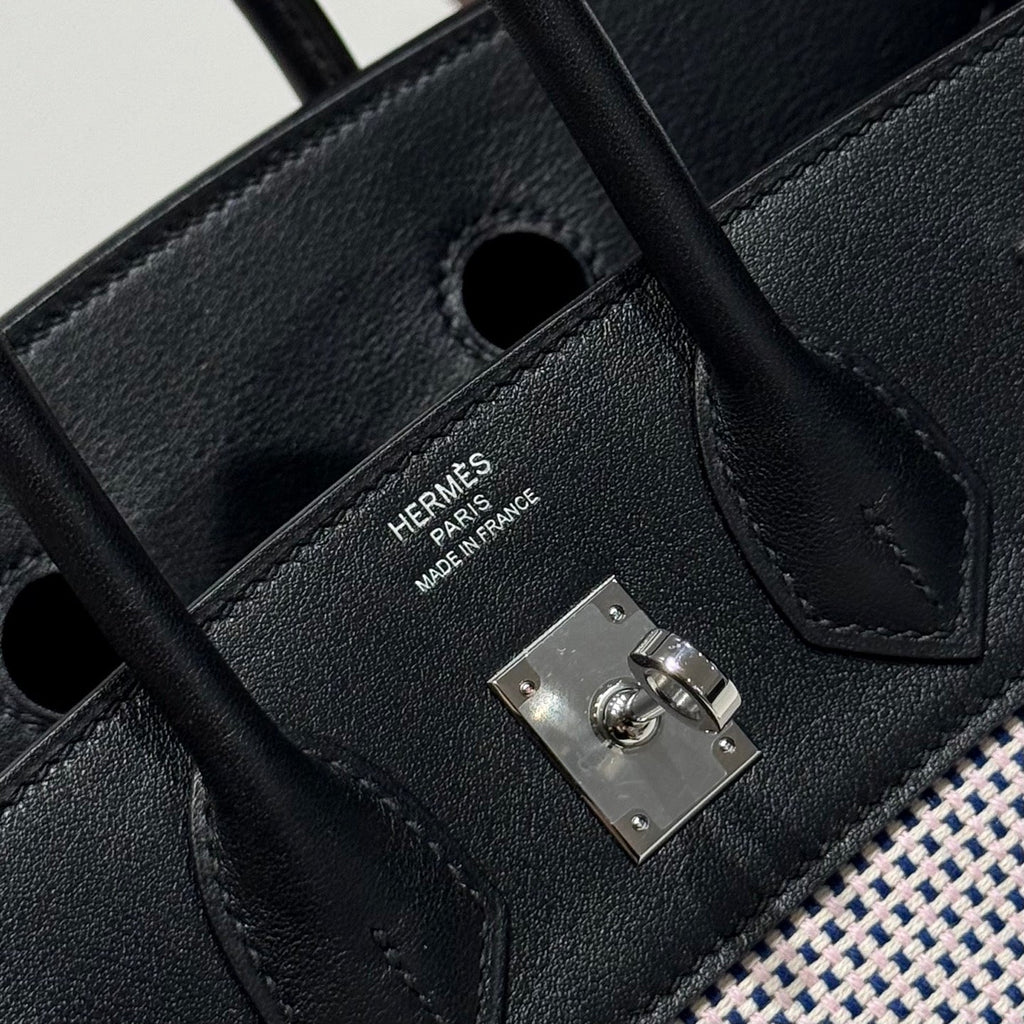 QUADRILLE BIRKIN 25CM IN BLACK SWIFT CALFSKIN WHITE BLUE PINK PLAID TOILE CANVAS