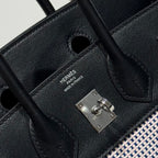 QUADRILLE BIRKIN 25CM IN BLACK SWIFT CALFSKIN WHITE BLUE PINK PLAID TOILE CANVAS