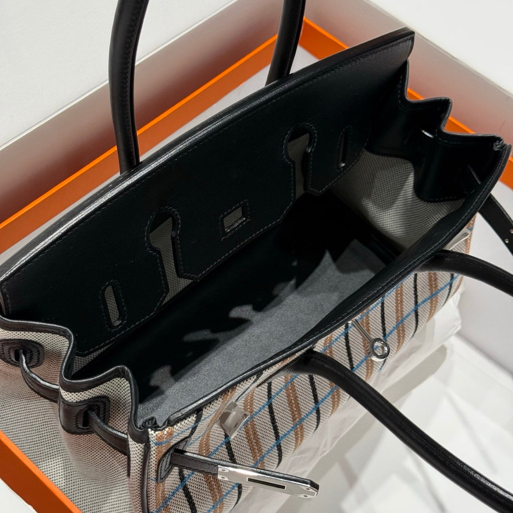 BIRKIN SHOULDER 29 IN BLACK CALFSKIN ÉCRU/NOIR/FAUVE/NOIR/BLEU ZANZIBAR EMBROIDERY PLAID CANVAS