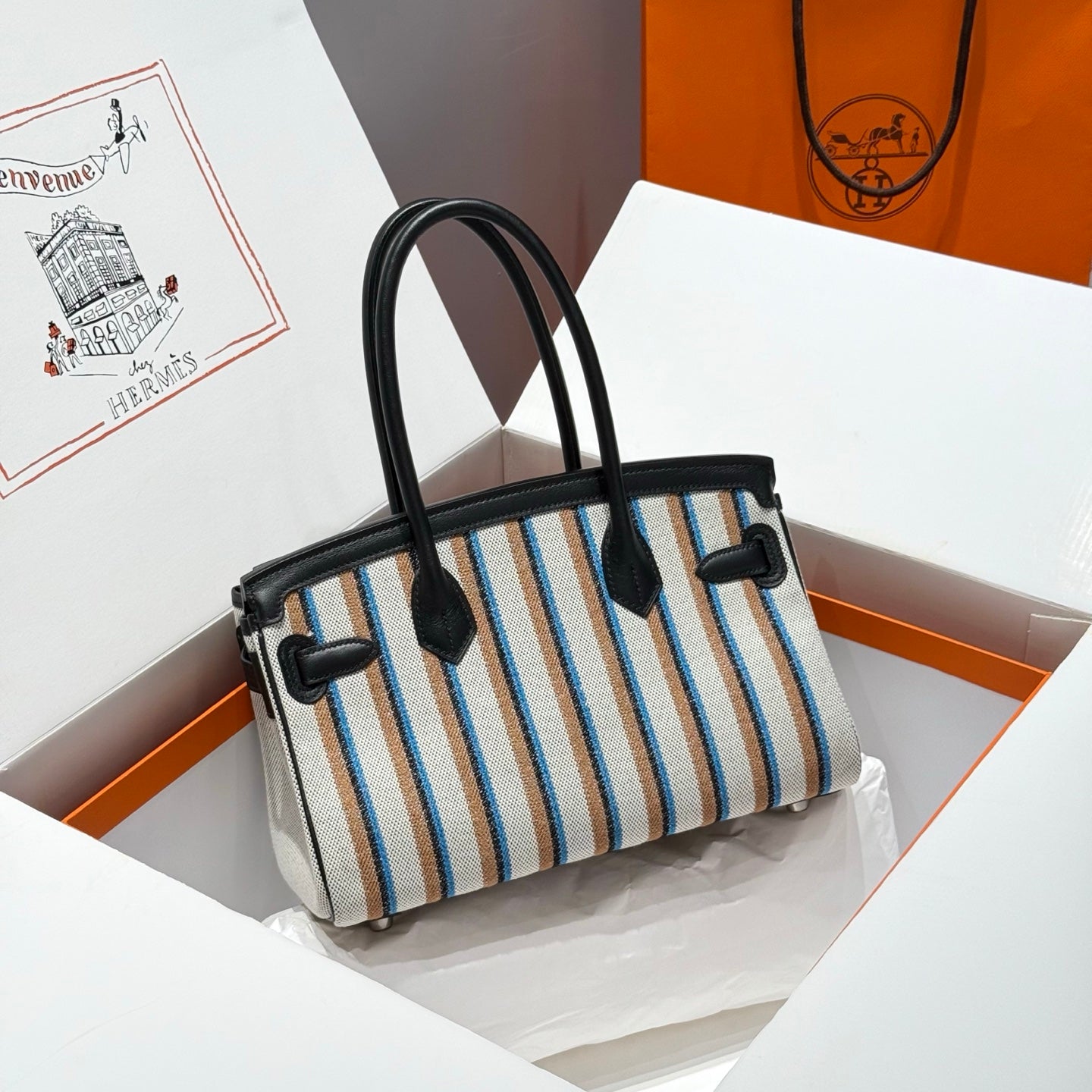 BIRKIN SHOULDER 29 AUS SCHWARZEM KALBSLEDER ÉCRU/NOIR/FAUVE/NOIR/BLEU ZANZIBAR-STICK-CANVAS