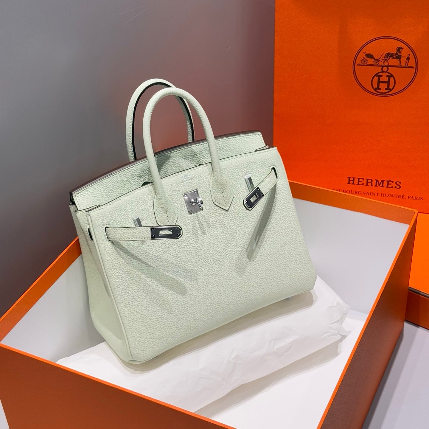 HERMES 25S MEDIUM BIRKIN 25 IN HELLMINTGRÜNEM KALBSLEDER MIT SILBERNEN BESCHLÄGEN