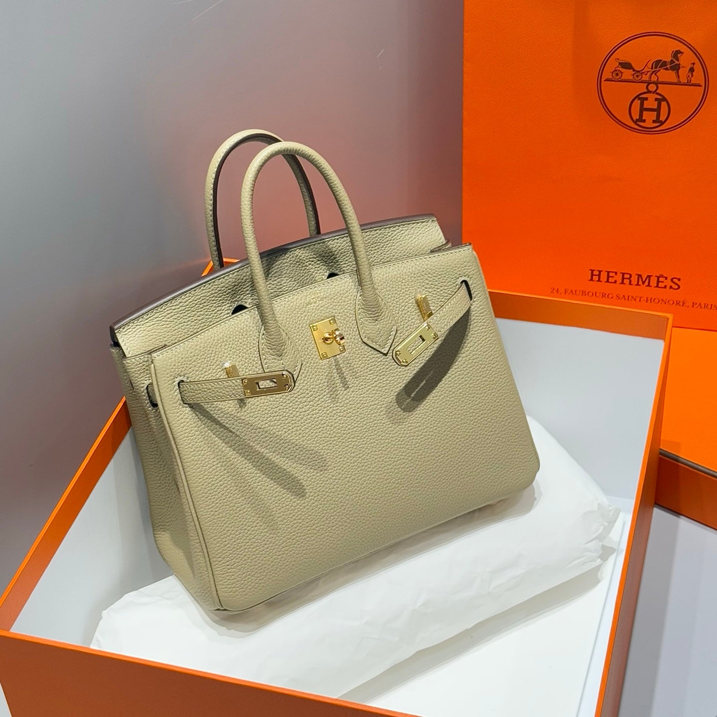 HERMES 25S MEDIUM BIRKIN 25 IN DUNKELKHAKI-KALBLEDER GOLDENE BESCHLÄGE
