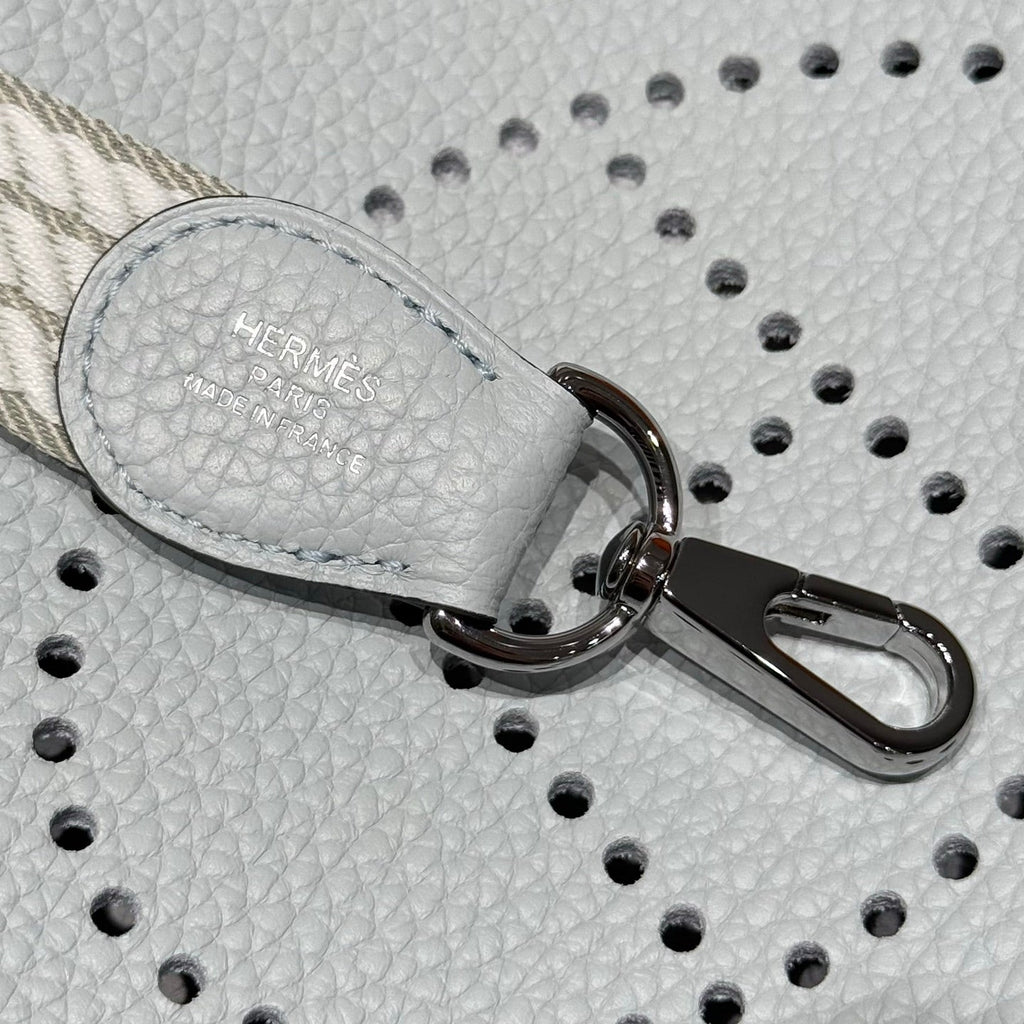 エルメス 25S ミニ エブリン 18インチ ミストブルー パターンストラップ カーフスキン シルバー金具