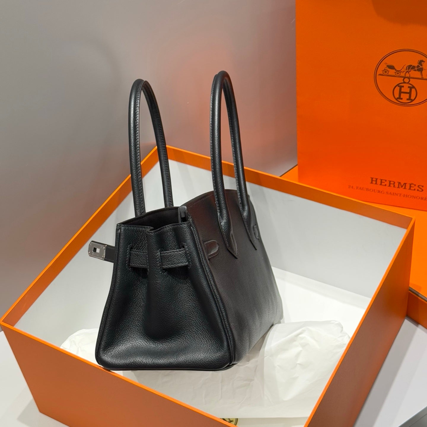 HERMES 25S SCHULTER BIRKIN 29 IN SCHWARZEM KALBSLEDER SILBERNE BESCHLÄGE