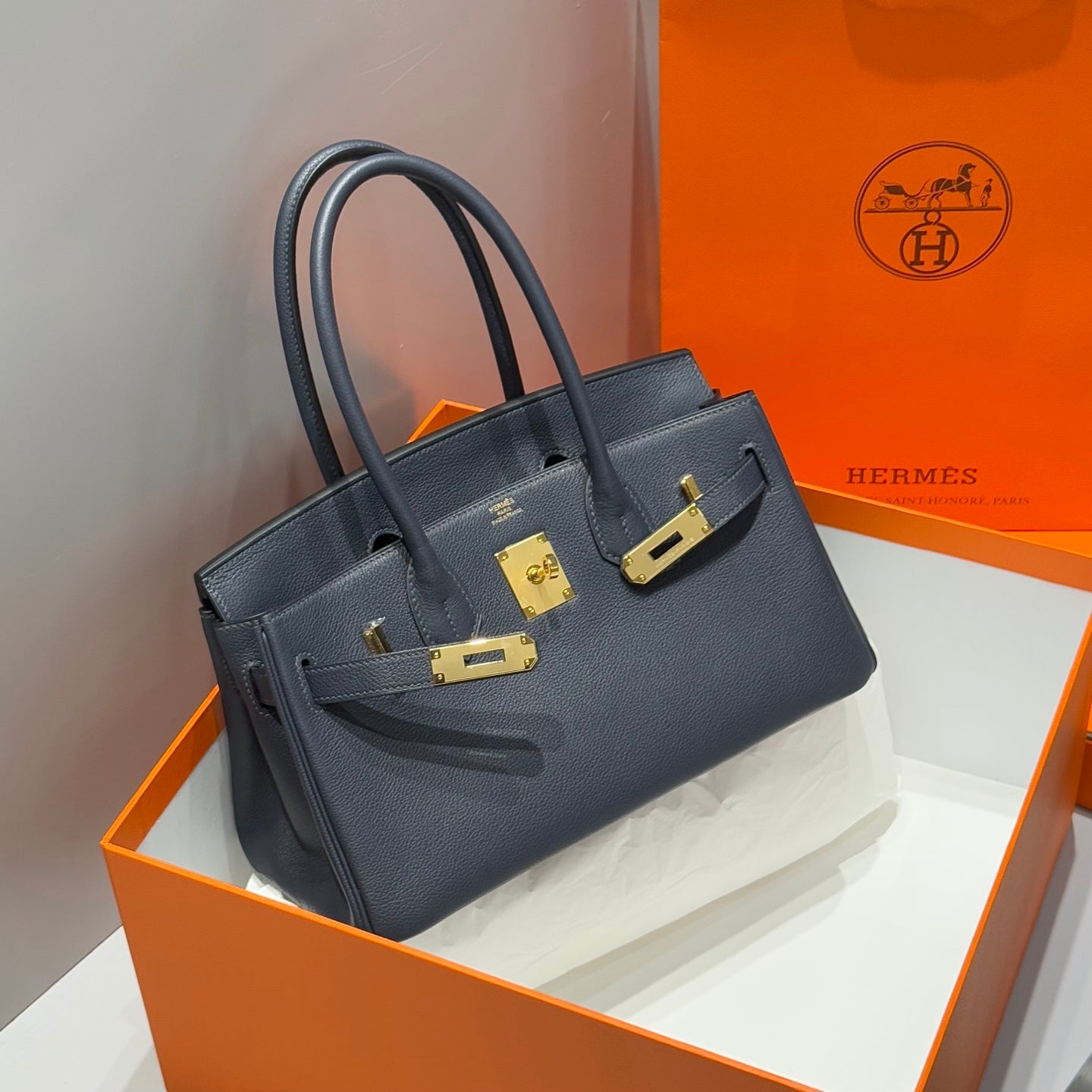 HERMES 25S SCHULTER BIRKIN 29 IN MITTERNACHTSBLAUEM KALBSLEDER GOLDENE BESCHLÄGE