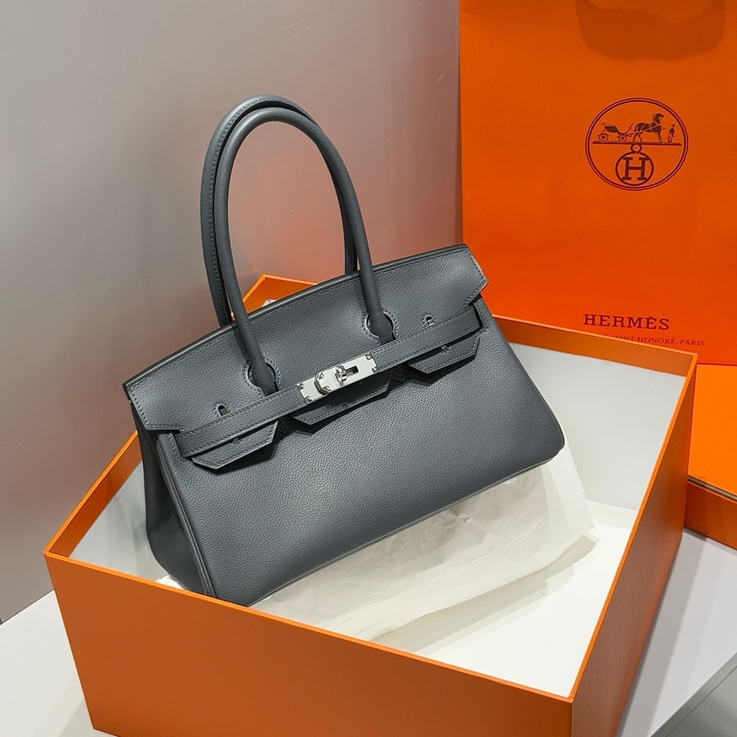 HERMES 25S SCHULTER BIRKIN 29 IN HAZE GRAY KALBSLEDER SILBERNE BESCHLÄGE