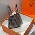 HERMES 25S SCHULTER BIRKIN 29 IN ANTHRABUTTER-KALBLEDER MIT SILBERNEN BESCHLÄGEN