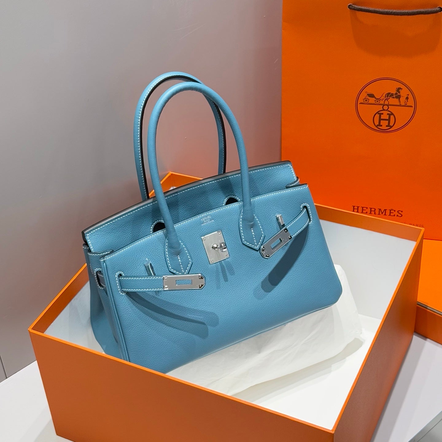 HERMES 25S SCHULTER BIRKIN 29 IN DENIM BLAUEM KALBSLEDER SILBERNE BESCHLÄGE