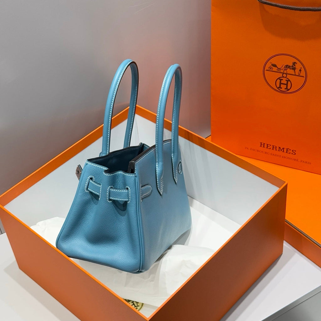 HERMES 25S SCHULTER BIRKIN 29 IN DENIM BLAUEM KALBSLEDER SILBERNE BESCHLÄGE