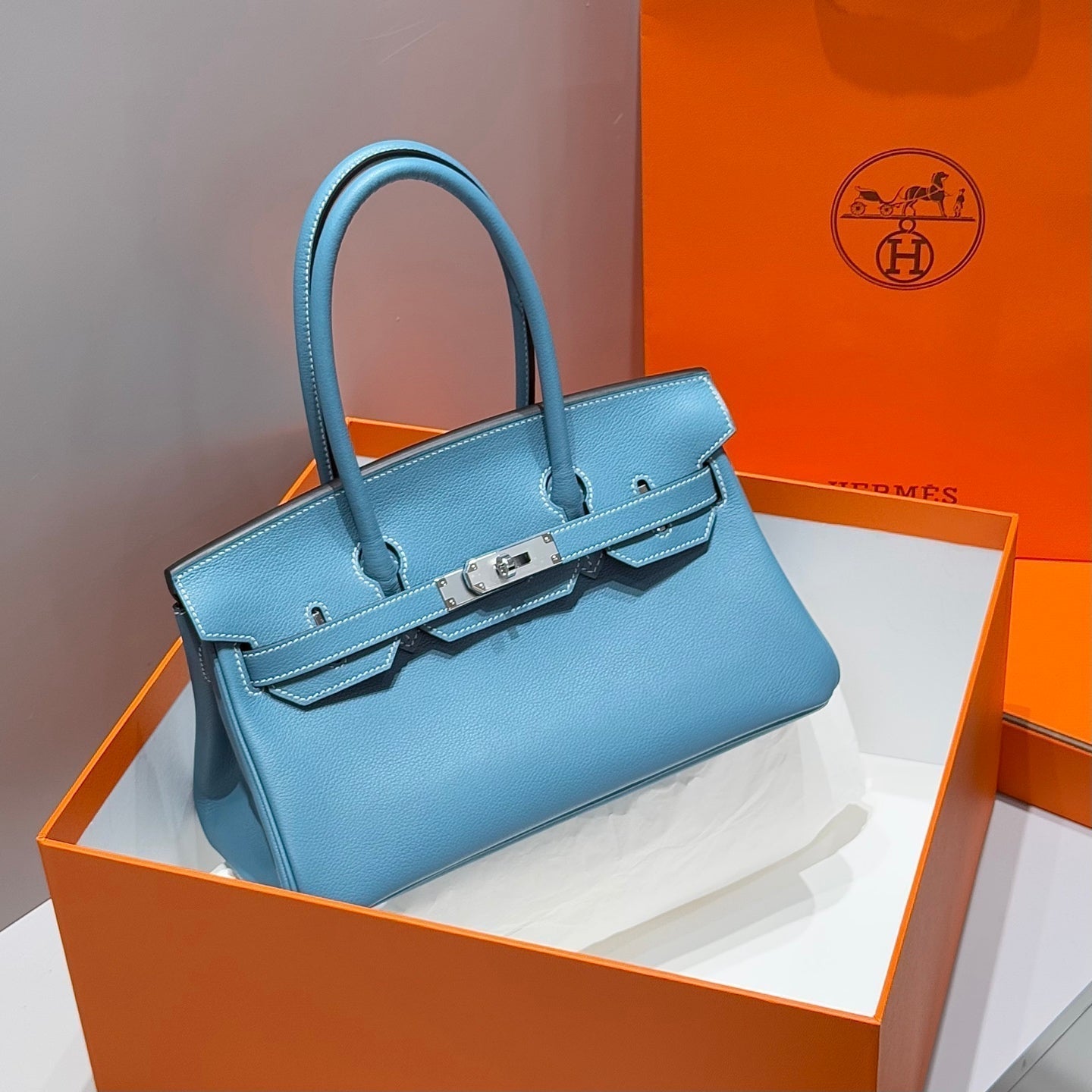 HERMES 25S SCHULTER BIRKIN 29 IN DENIM BLAUEM KALBSLEDER SILBERNE BESCHLÄGE