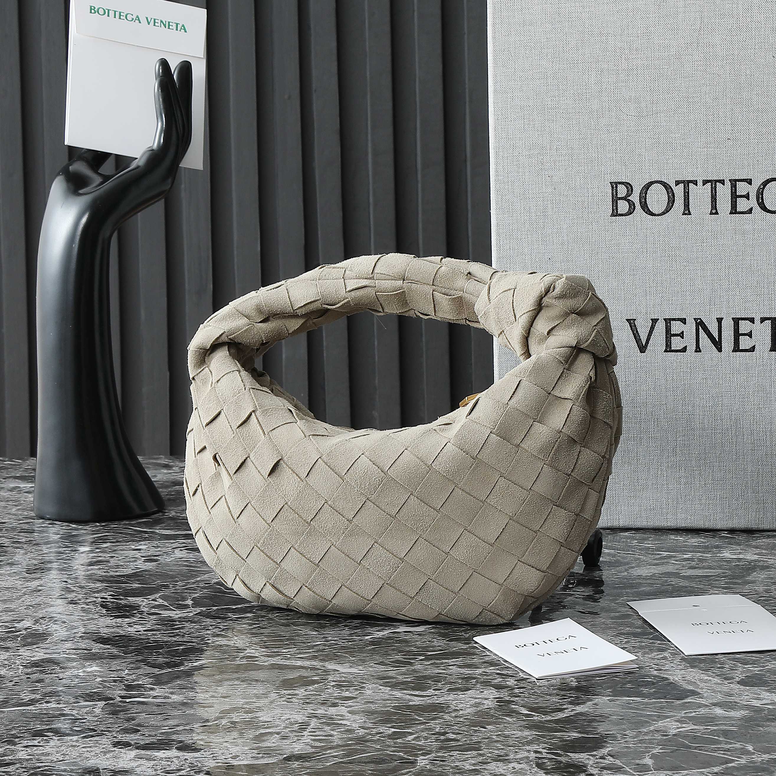BOTTEGA VENETA 25S MINI JODIE 28 IN MUTED TAUPE SUEDE GOLD HARDWARE