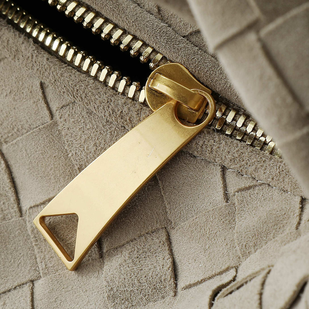 BOTTEGA VENETA 25S MINI JODIE 28 IN MUTED TAUPE SUEDE GOLD HARDWARE