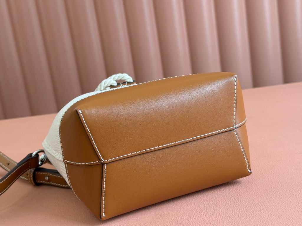 SMALL DRAWSTRING SHOULDER BAG 21 IN WHITE CANVAS BROWN CALFSKIN