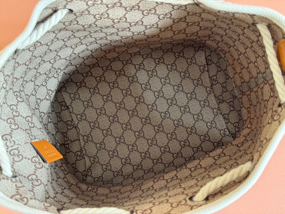 DRAWSTRING SHOULDER BAG LOGO PRINT 31 IN WHITE CANVAS BROWN CALFSKIN