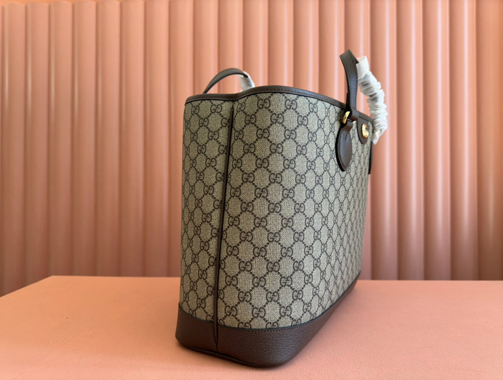 OPHIDIA MEDIUM TOTE BAG 38.5 BEIGE CANVAS AND BROWN CALFSKIN