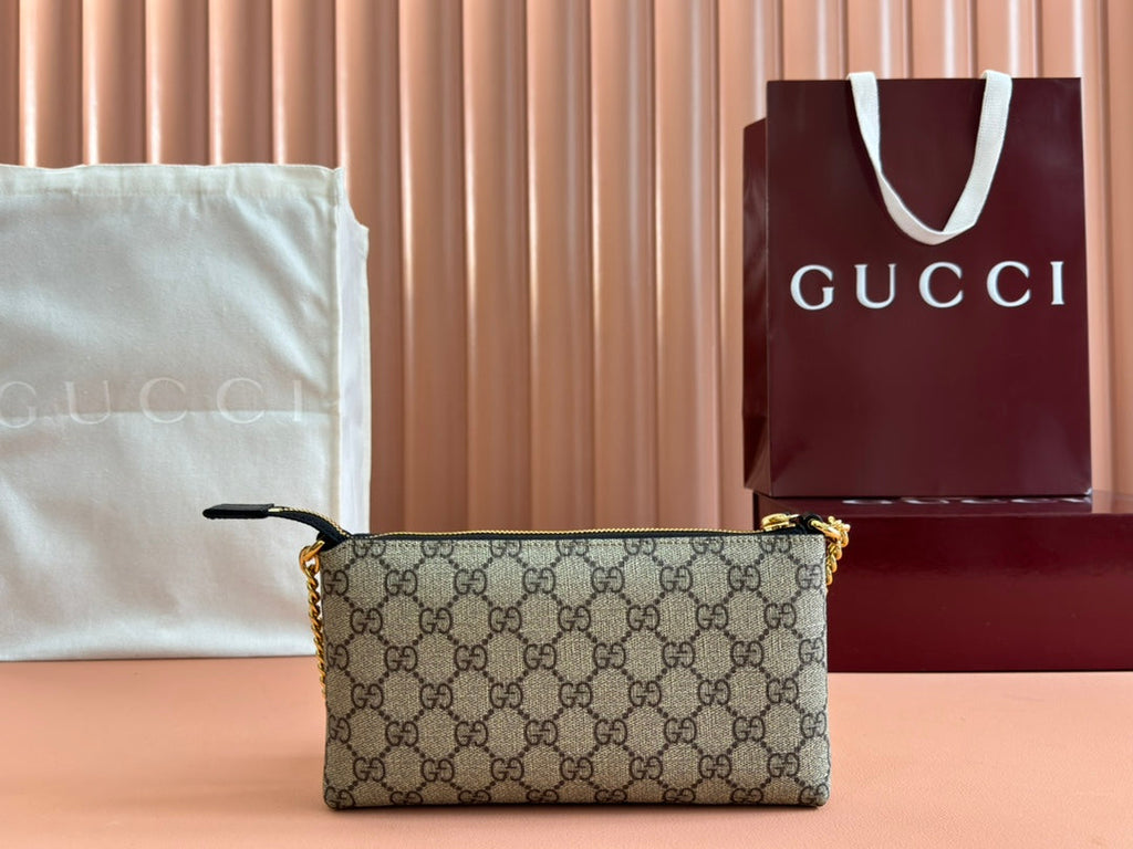 RUBBER EFFECT SMALL WALLET ON CHAIN 22.5 IN BEIGE AND DARK BROWN GG CALFSKIN