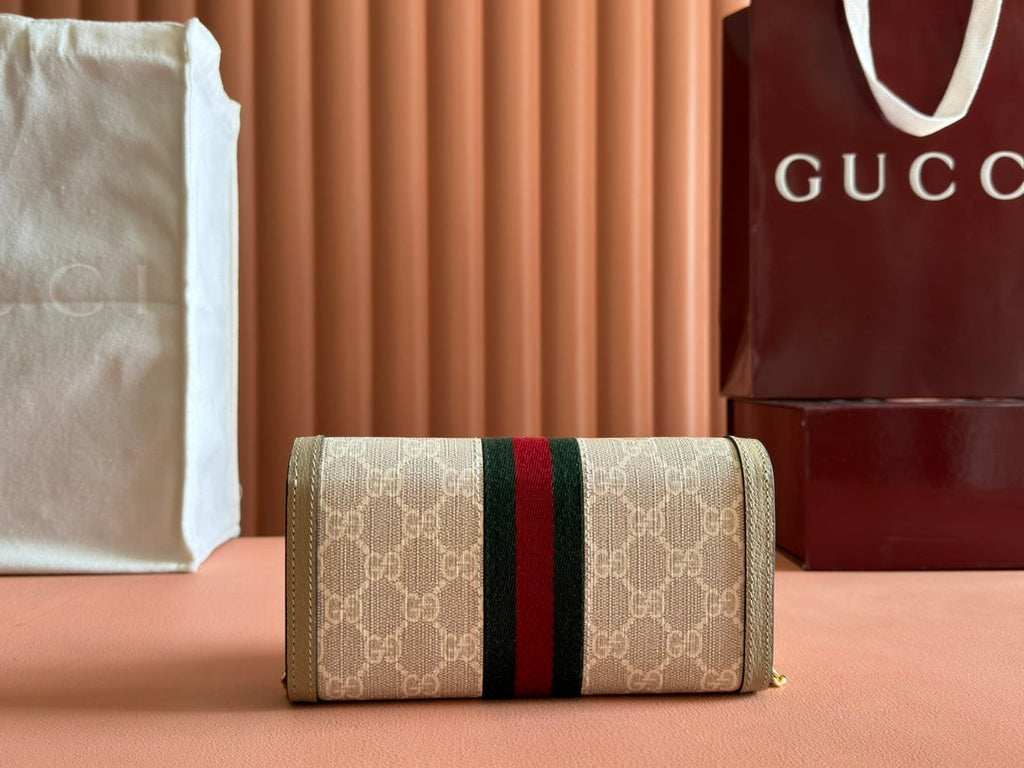 OPHIDIA WALLET ON GOLD CHAIN 19 IN LIGHT BEIGE GG CANVAS AND LIGHT BROWN CALFSKIN