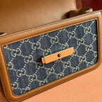 GO SMALL SHOULDER BAG 21.5 IN BLUE DENIM BROWN CALFSKIN