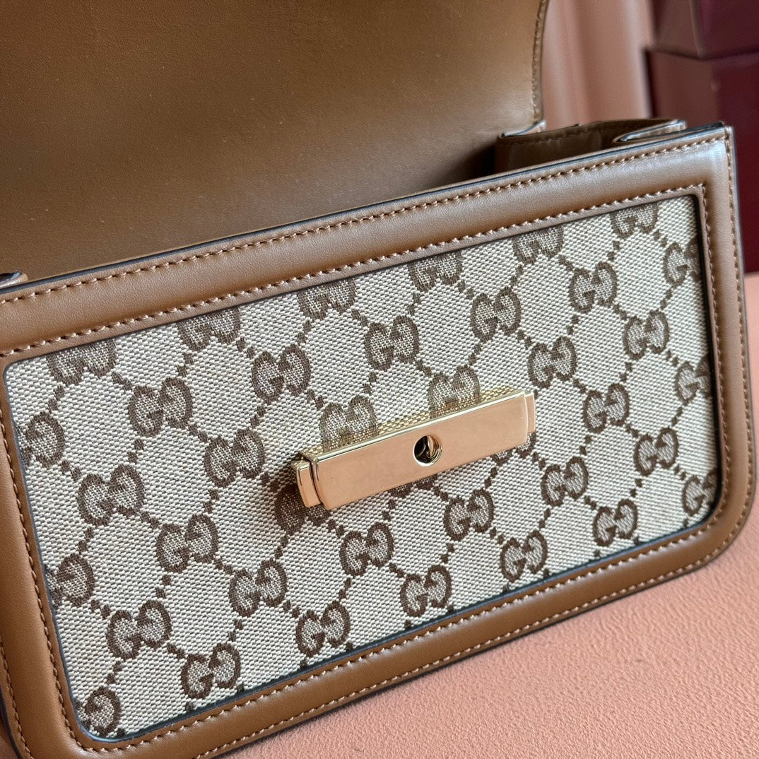 GO SMALL SHOULDER BAG 21.5 IN BEIGE CANVAS BROWN CALFSKIN