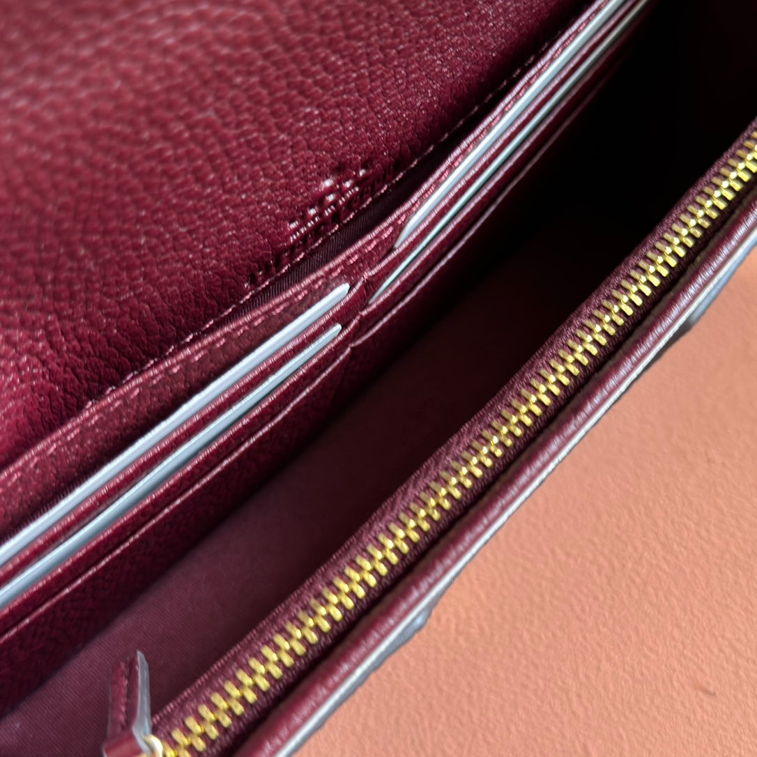 GG MARMONT WALLET ON CHAIN 20 DARK RED AND BEIGE IN CALFSKIN