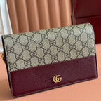 GG MARMONT WALLET ON CHAIN 20 DARK RED AND BEIGE IN CALFSKIN