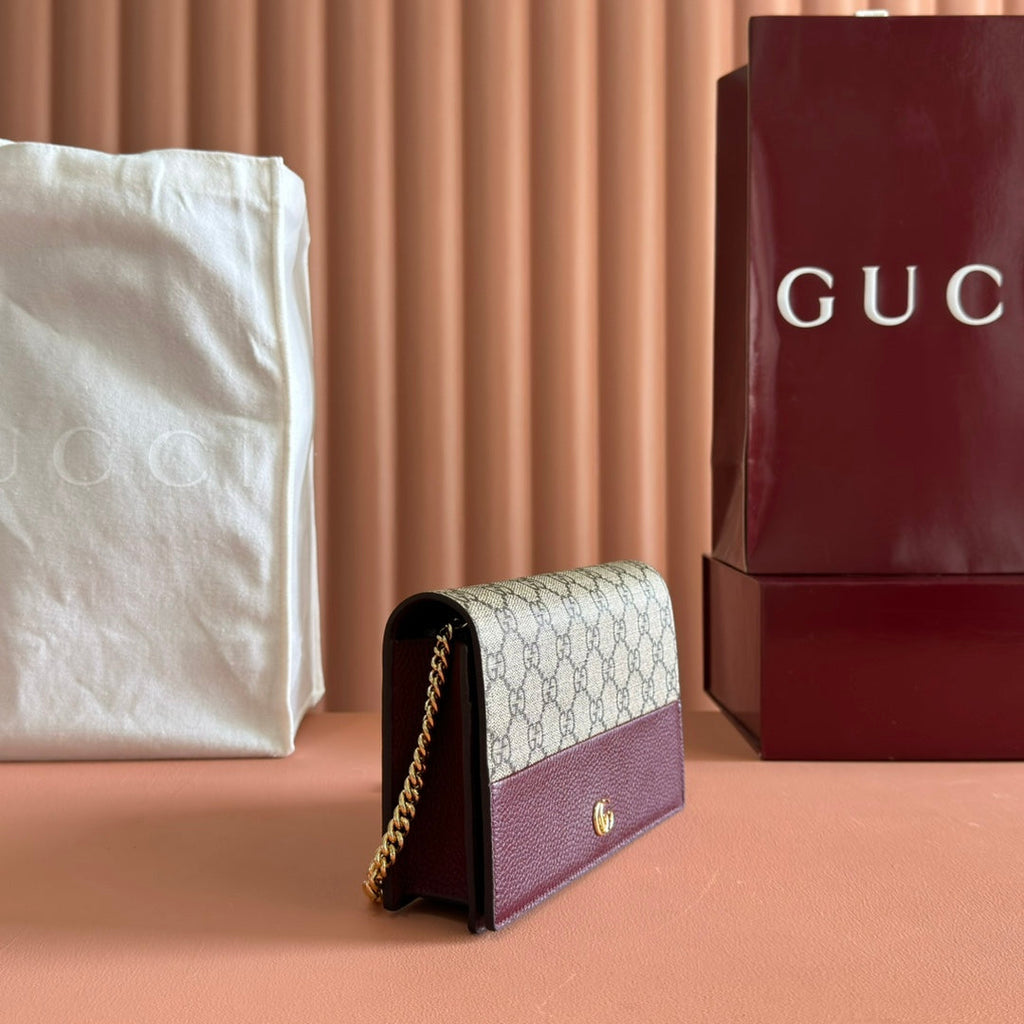 GG MARMONT WALLET ON CHAIN 20 DARK RED AND BEIGE IN CALFSKIN