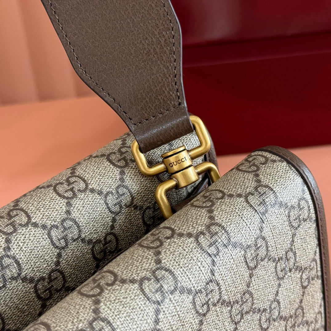 GUCCI NEO VINTAGE TIGER HEAD LARGE CROSSBODY BAG 30 IN CANVAS BROWN LEATHER TRIM