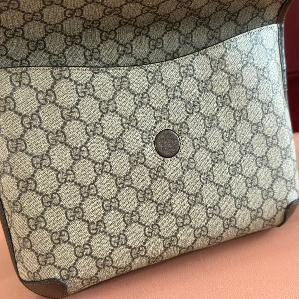 GUCCI NEO VINTAGE TIGER HEAD LARGE CROSSBODY BAG 30 IN CANVAS BROWN LEATHER TRIM