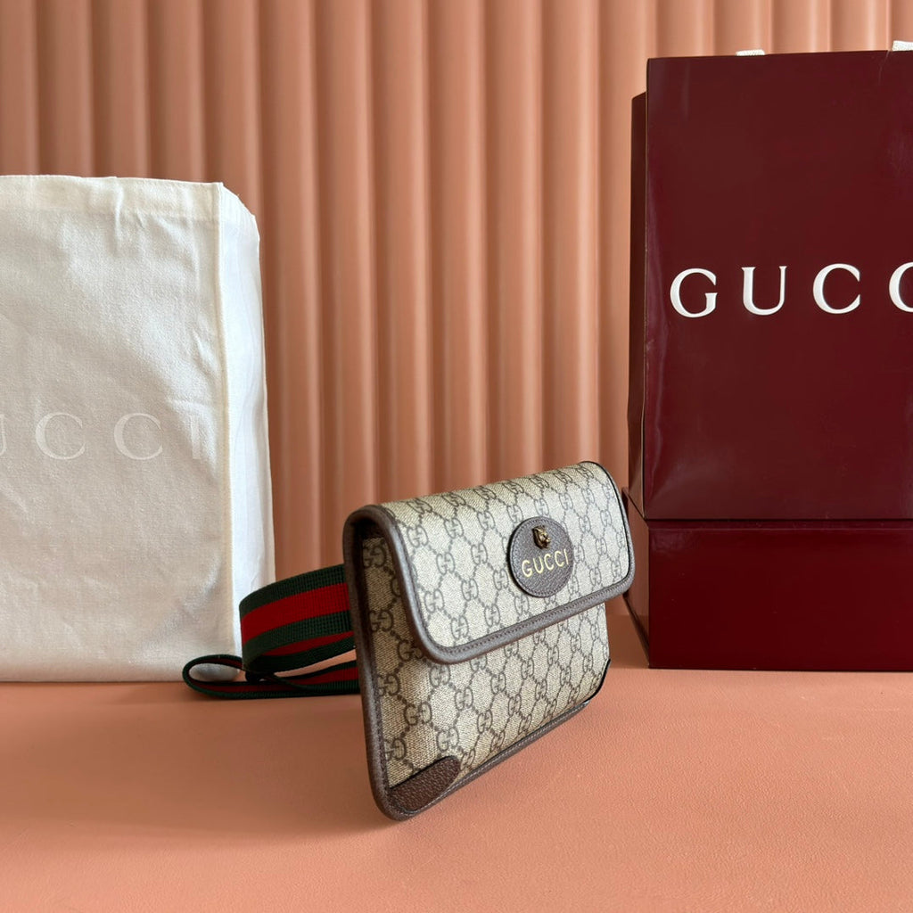 GUCCI NEO VINTAGE TIGER HEAD CROSSBODY BAG 24 IN CANVAS BROWN LEATHER TRIM