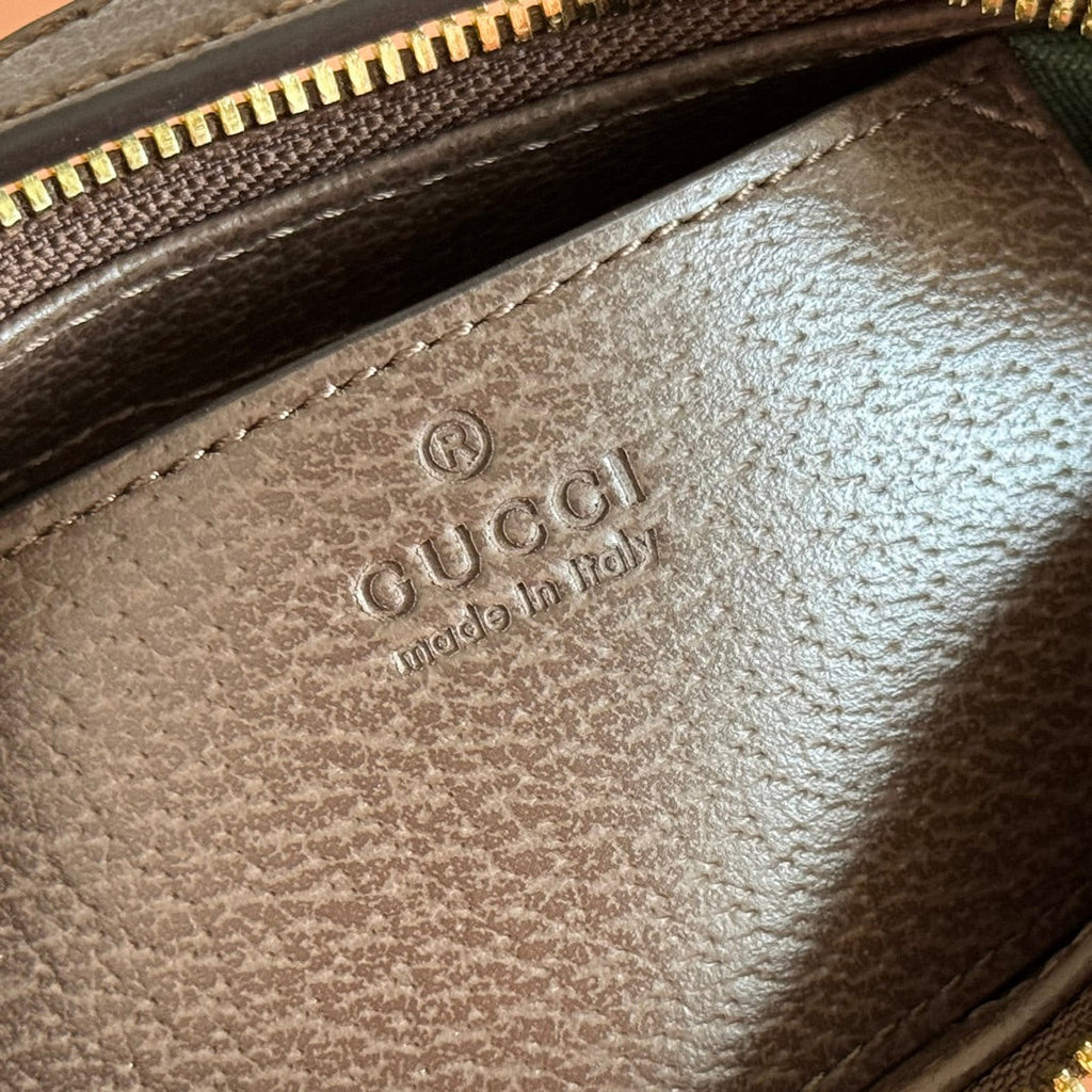 GUCCI 25S OPHIDIA SMALL SHOULDER BAG 19 IN BEIGE CANVAS AND BROWN CALFSKIN