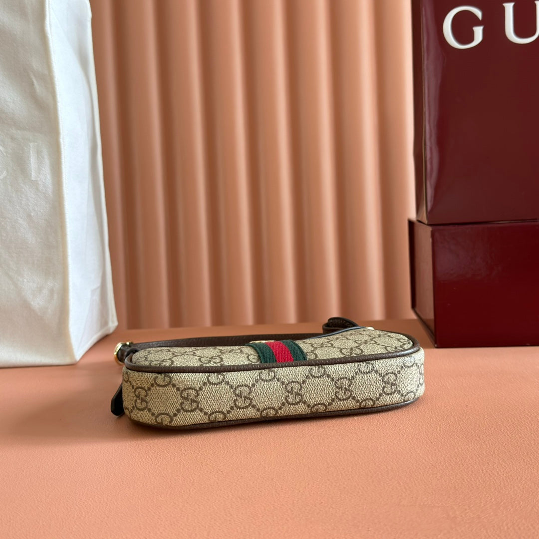 GUCCI 25S OPHIDIA SMALL SHOULDER BAG 19 IN BEIGE CANVAS AND BROWN CALFSKIN