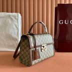 GUCCI 25S Vorhängeschlosstasche 26 Zoll in beigem Canvas und braunem Kalbsleder