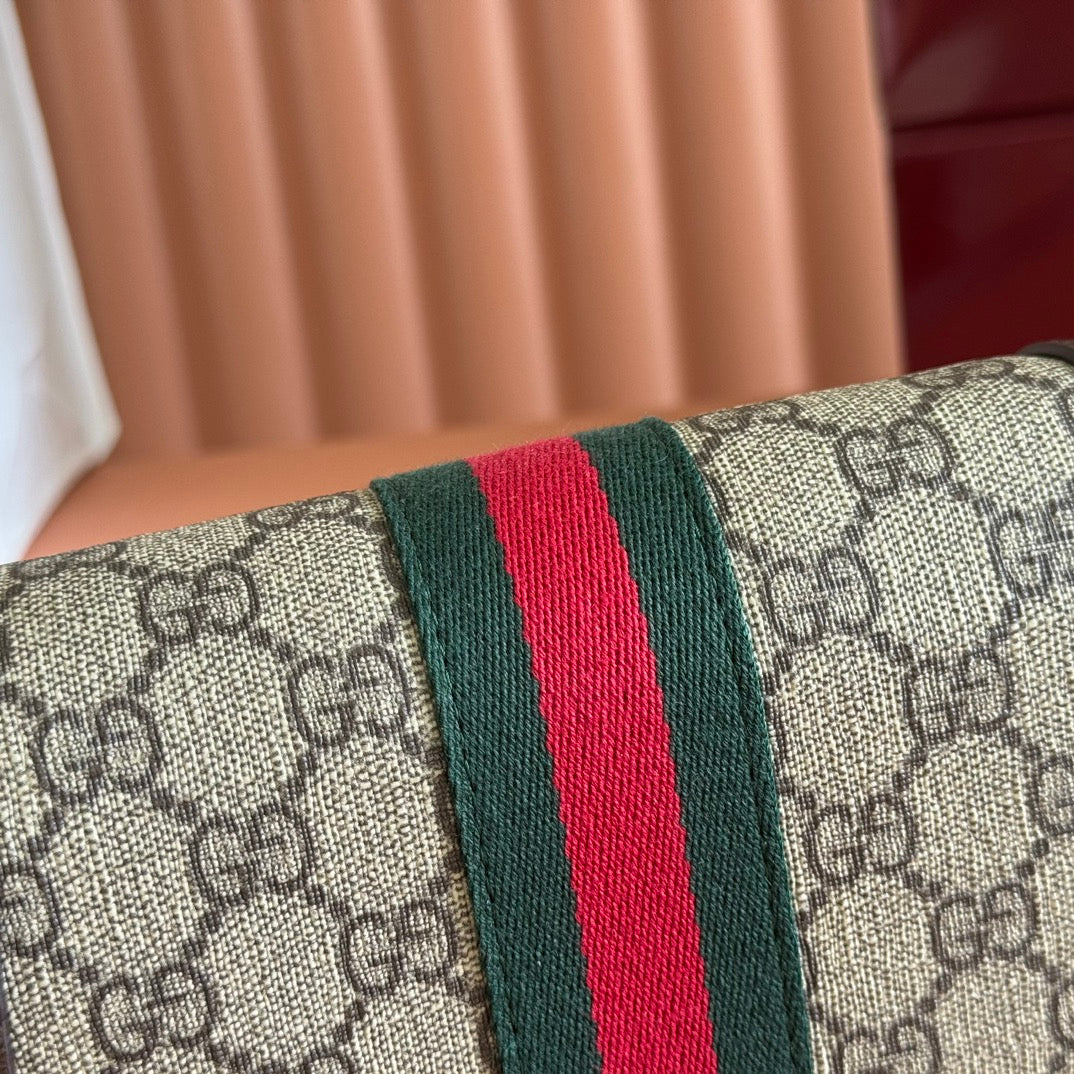 GUCCI 25S OPHIDIA BAG 18 IN BEIGE CANVAS AND BROWN CALFSKIN SILVER HARDWARE