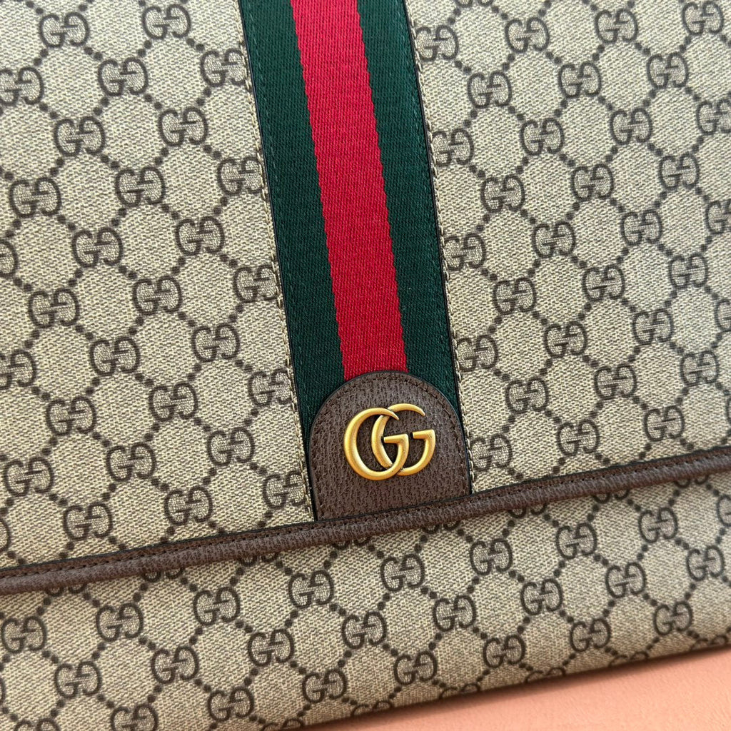 GUCCI 25S OPHIDIA LARGE CROSSBODY BAG 33 IN BEIGE CANVAS AND BROWN CALFSKIN