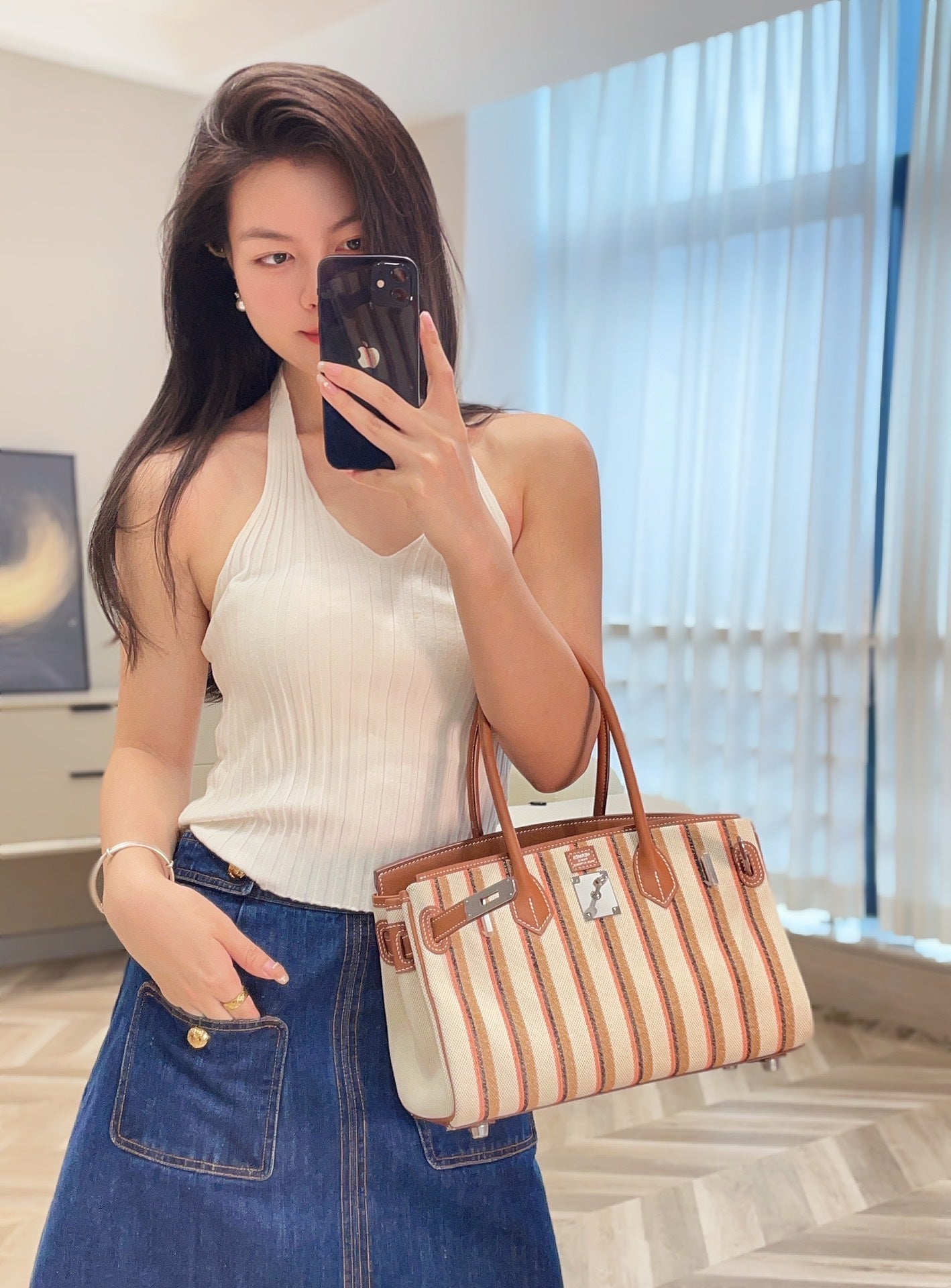 BIRKIN SHOULDER 29 AUS GOLDEM KALBSLEDER ÉCRU/BEIGE/FAUVE/ROSE POP/NOIR STICKEREI-CANVAS