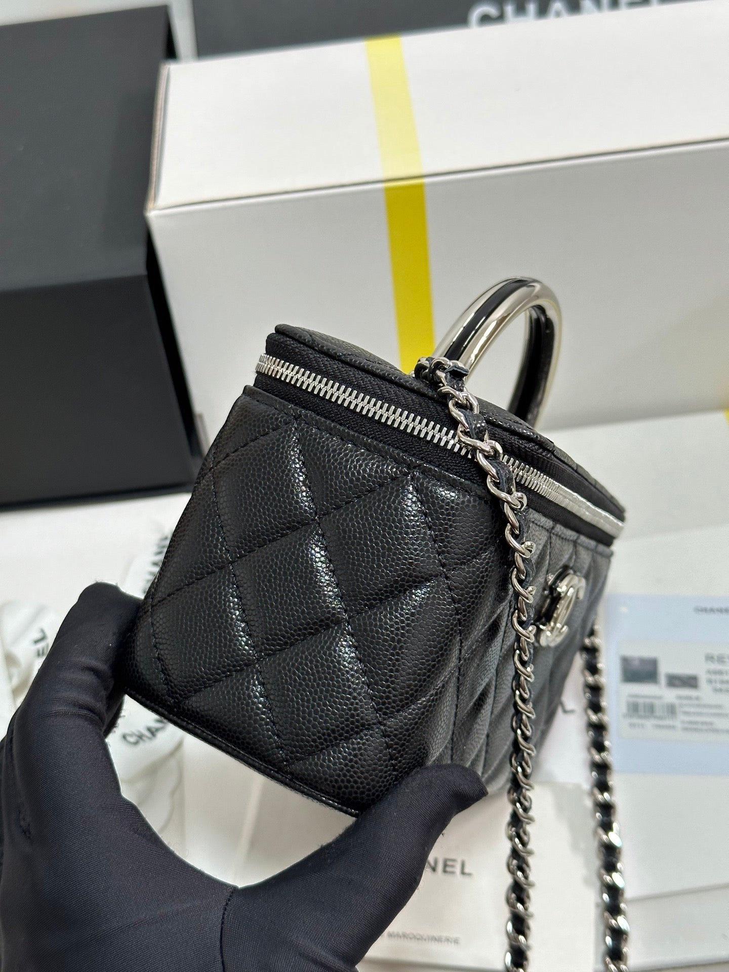 MINI VANITY TOP HANDLE CASE 17 IN BLACK CAVIAR SKIN SILVER-TONE PLATED METAL