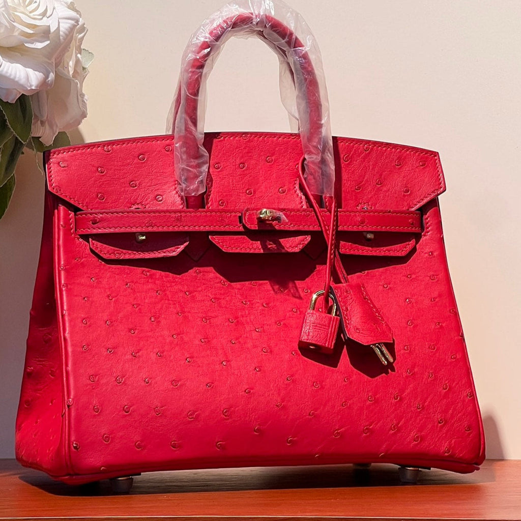 KELLY SELLIER 25 BAG IN CLASSIC RED OSTRICH LEATHER WITH GOLD HARDWARE (MADE-TO-ODER)