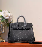 KELLY SELLIER 25 BAG IN BLACK OSTRICH LEATHER WITH WHITE RHINSTONES (MADE-TO-ODER)