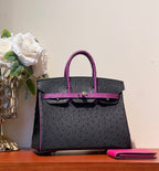 KELLY  SELLIER 25 BAG IN BLACK MIX ORCHID PURPLE OSTRICH LEATHER (MADE-TO-ODER)