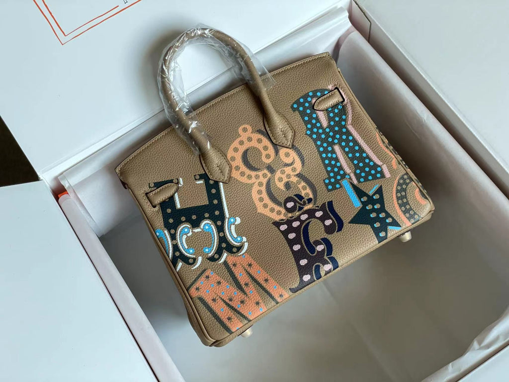 BIRKIN 25 BAG IN PEANUT BROWN CALFSKIN WITH COLORFUL STICKER (MADE-TO-ODER)
