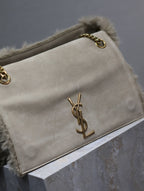 KATE FLAP BAG 28 IN ECRU BEIGE RABBIT FUR GOLD CHAIN
