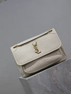 NIKI MEDIUM 28 IN WHITE ELEPHANT PATTERN LAMBSKIN GOLD LOGO