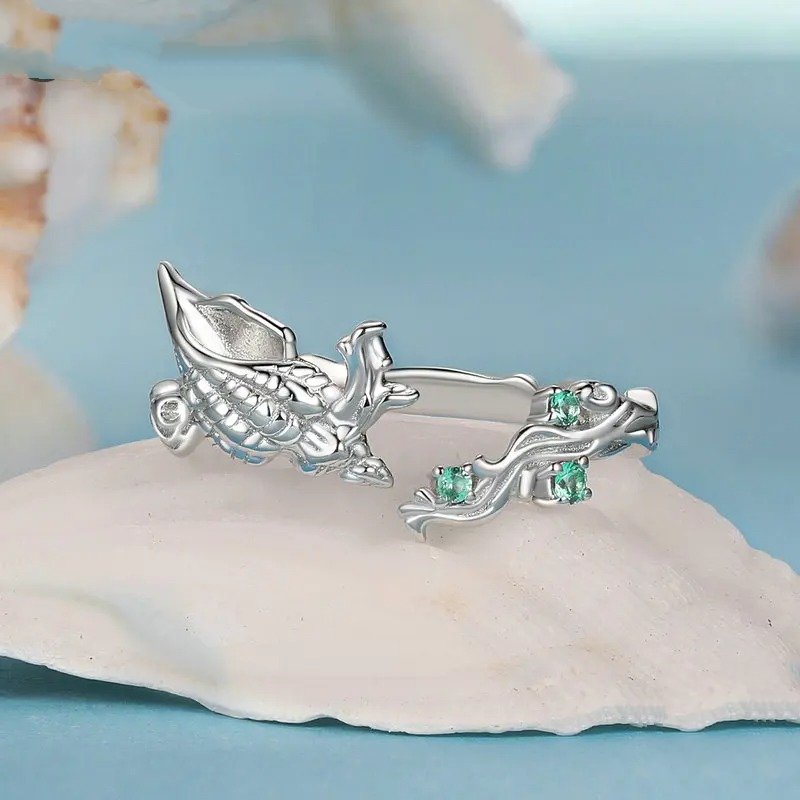 コンクオープンリング インレイグリーンCZ オーシャンシリーズ 調節可能なリング