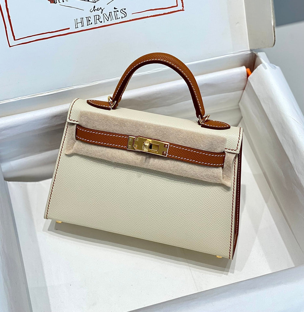 HM KELLY MINI 20 WEISS GOLDBRAUN EPSOM GOLDENE BESCHLÄGE