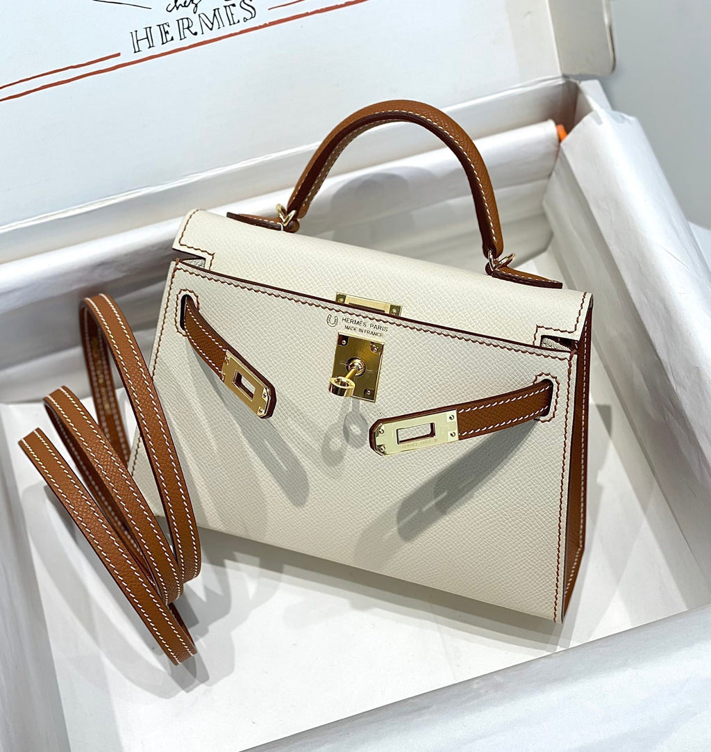 HM KELLY MINI 20 WEISS GOLDBRAUN EPSOM GOLDENE BESCHLÄGE