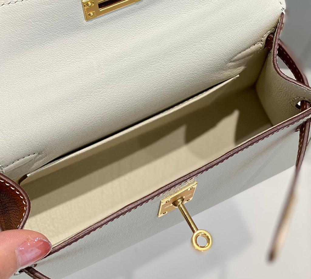 HM KELLY MINI 20 WEISS GOLDBRAUN EPSOM GOLDENE BESCHLÄGE