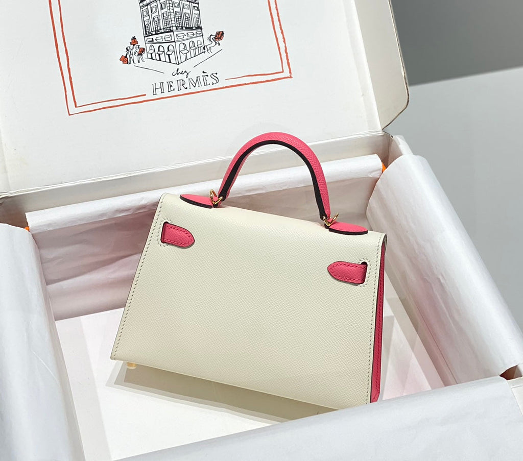 HM KELLY MINI 20 WEISS ROSA EPSOM GOLDENE BESCHLÄGE
