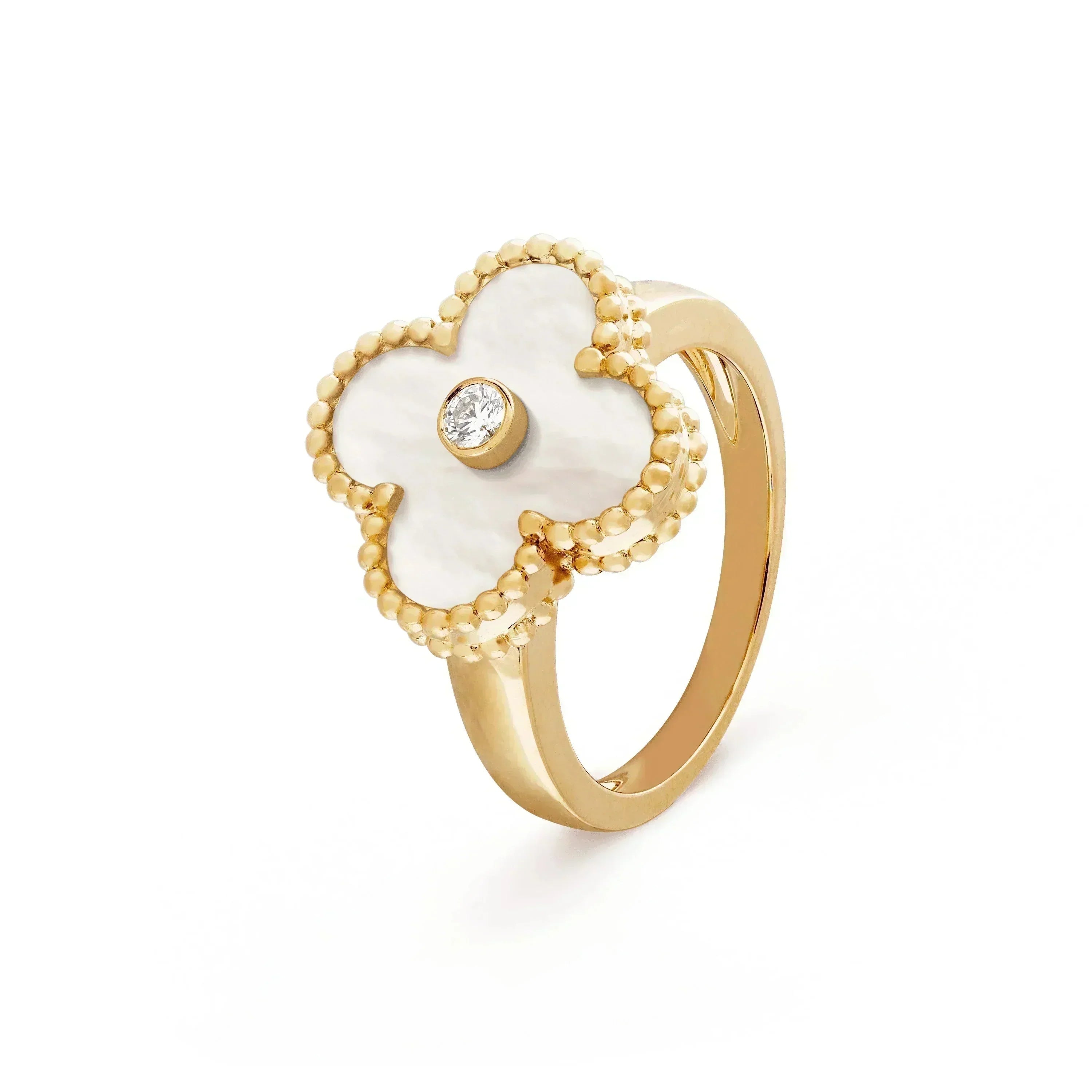 Jewelicorn Kleeblatt-Ring mit rosa Perlmutt-Effekt, Gold und Diamant